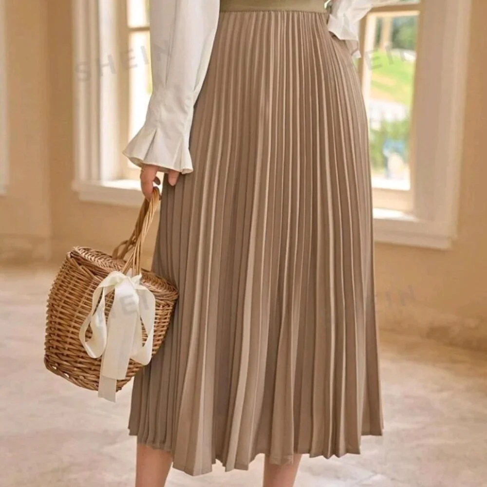 High Waist Solid Pleated Skirt - Picture 1 of 10
